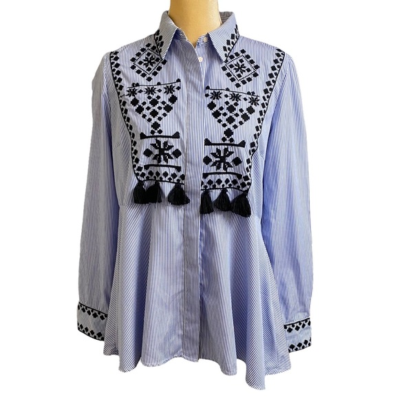 Zara Striped Shirt with Embroidery and Tassels - Picture 2 of 10